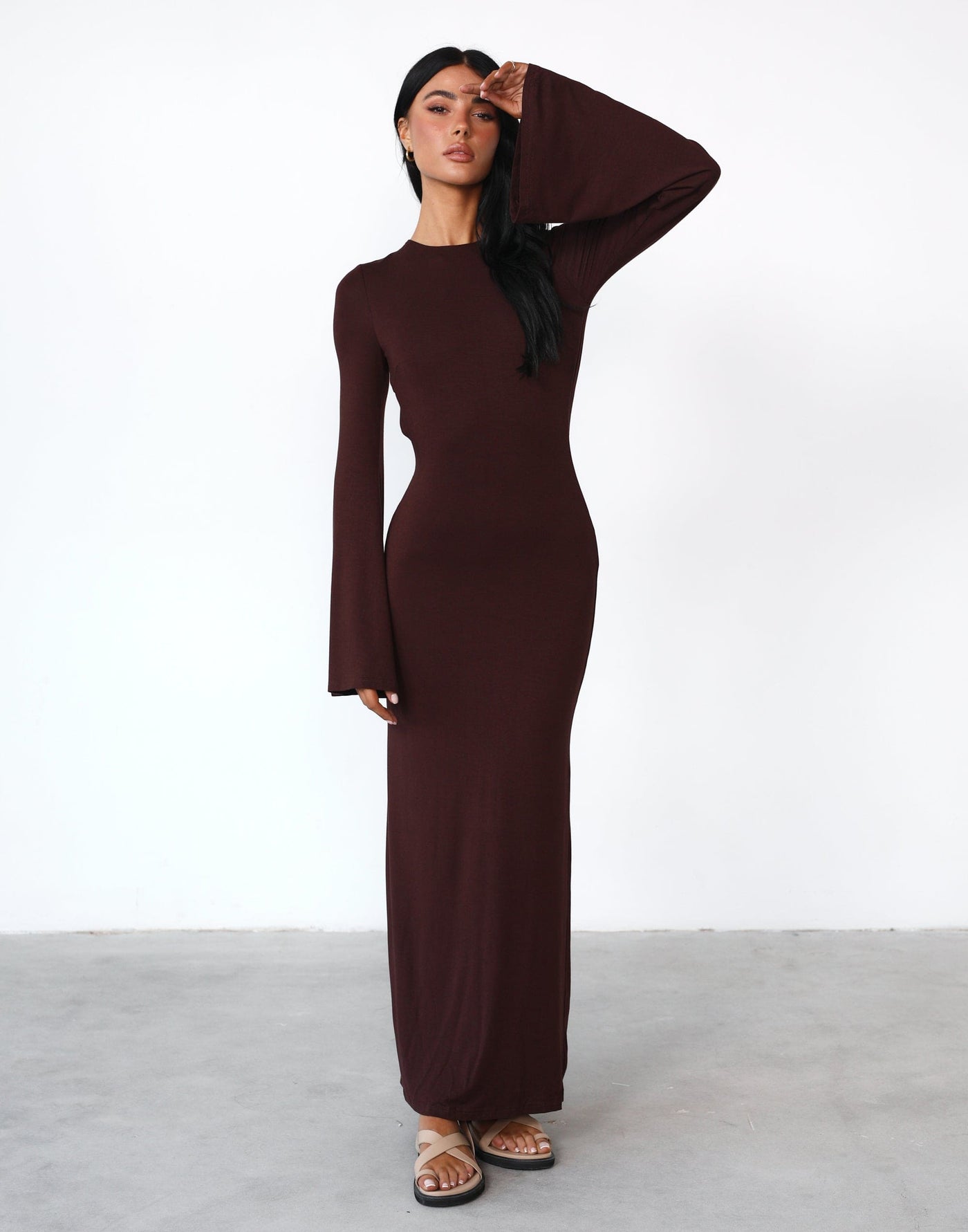Carina Maxi Dress (Cocoa) - Long Sleeve Backless Maxi Dress - Women's Dress - Charcoal Clothing