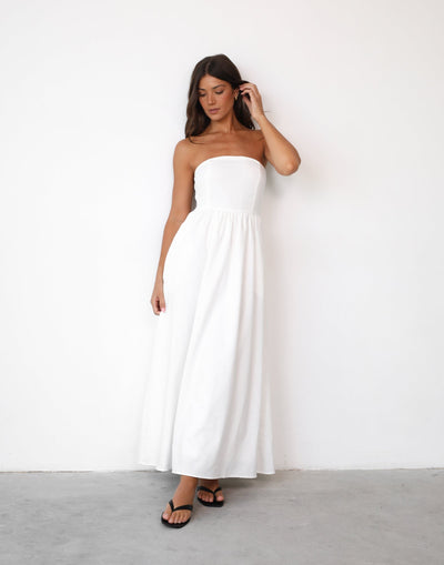 Lilith Maxi Dress (White) - Shirred Elasticated Upper Strapless Maxi - Women's Dress - Charcoal Clothing
