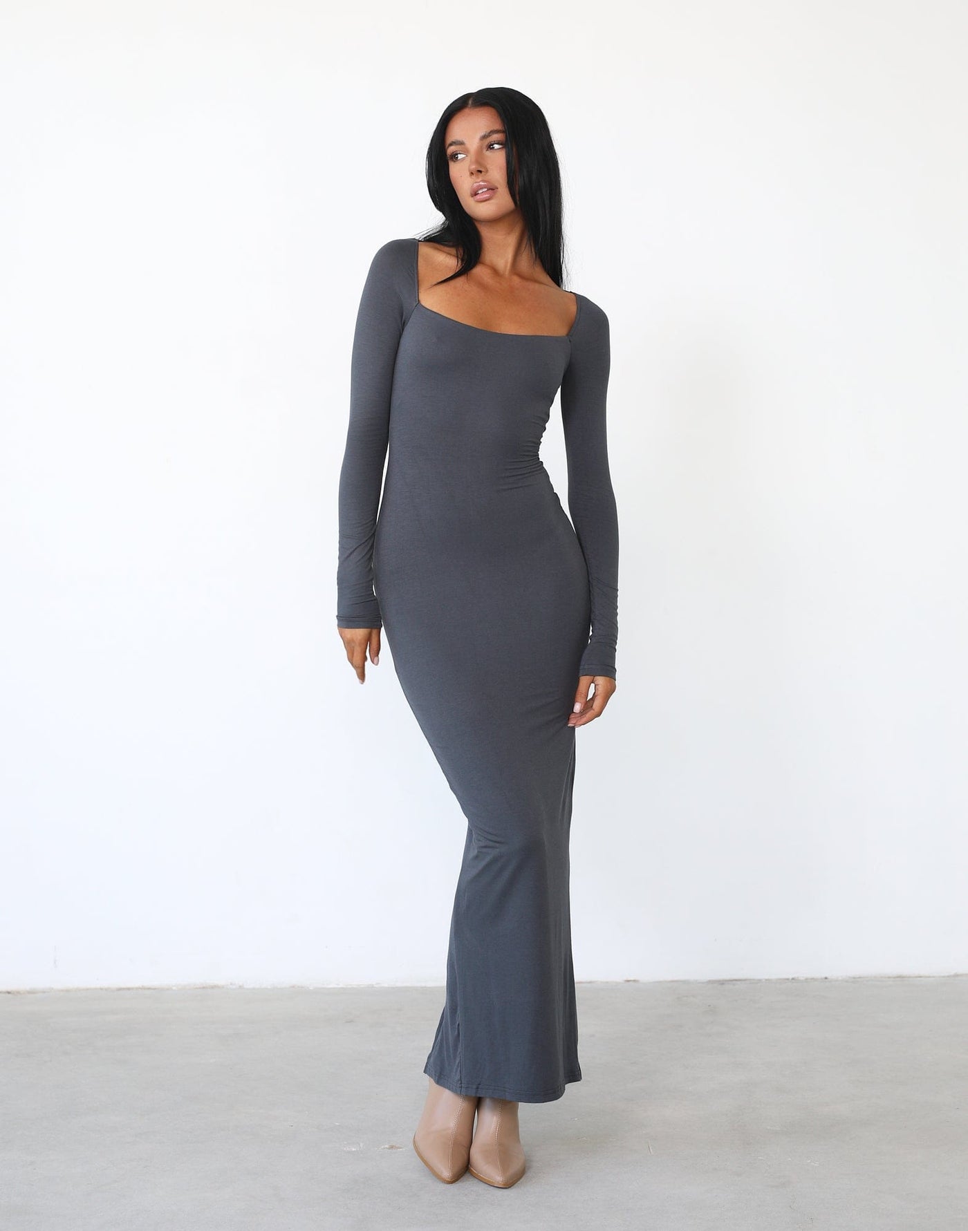 Eyes On Me Maxi Dress (Charcoal) - Long Sleeved Fitted Square Neck Maxi - Women's Dress - Charcoal Clothing