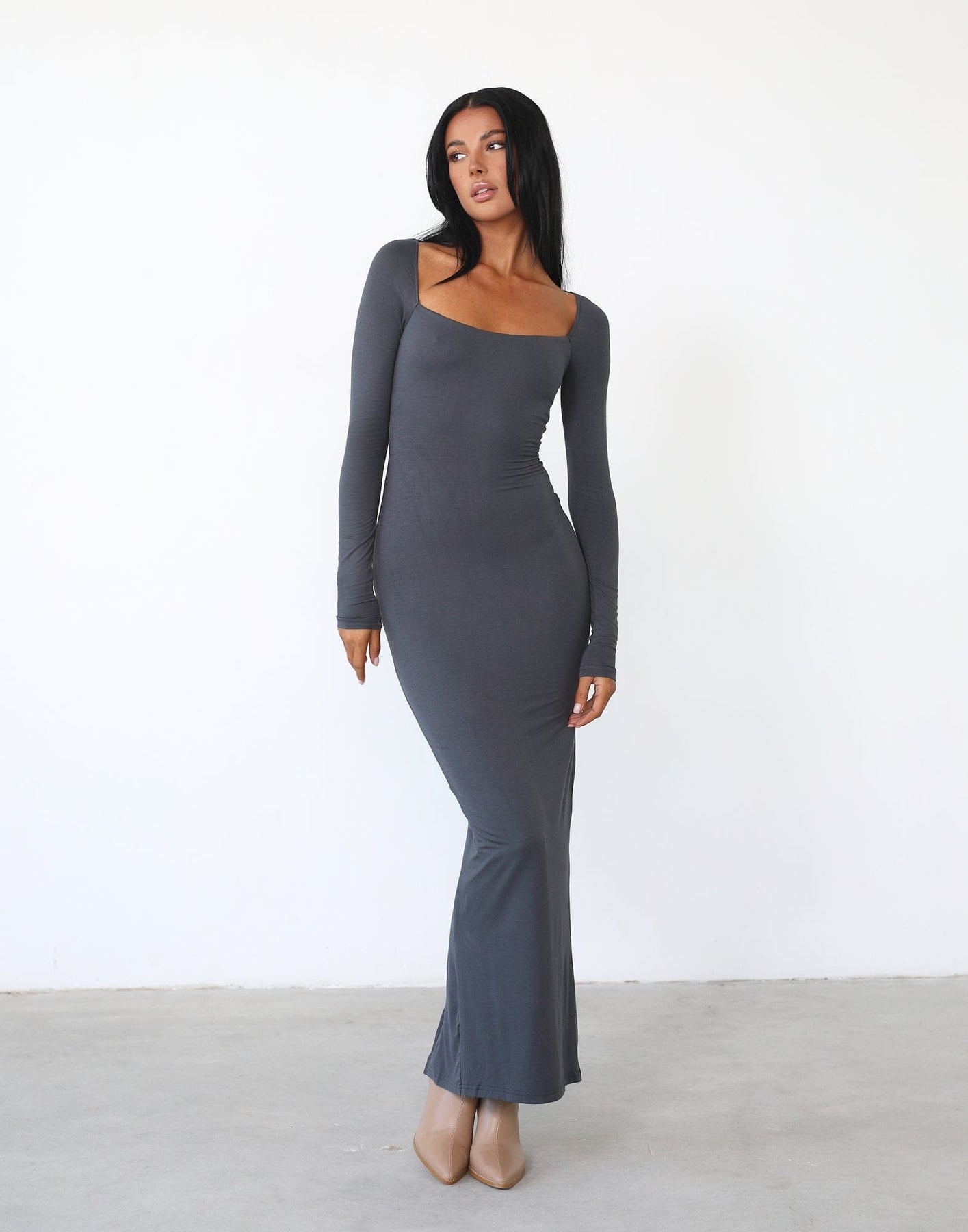 Eyes On Me Maxi Dress (Charcoal) - Long Sleeved Fitted Square Neck Maxi ...