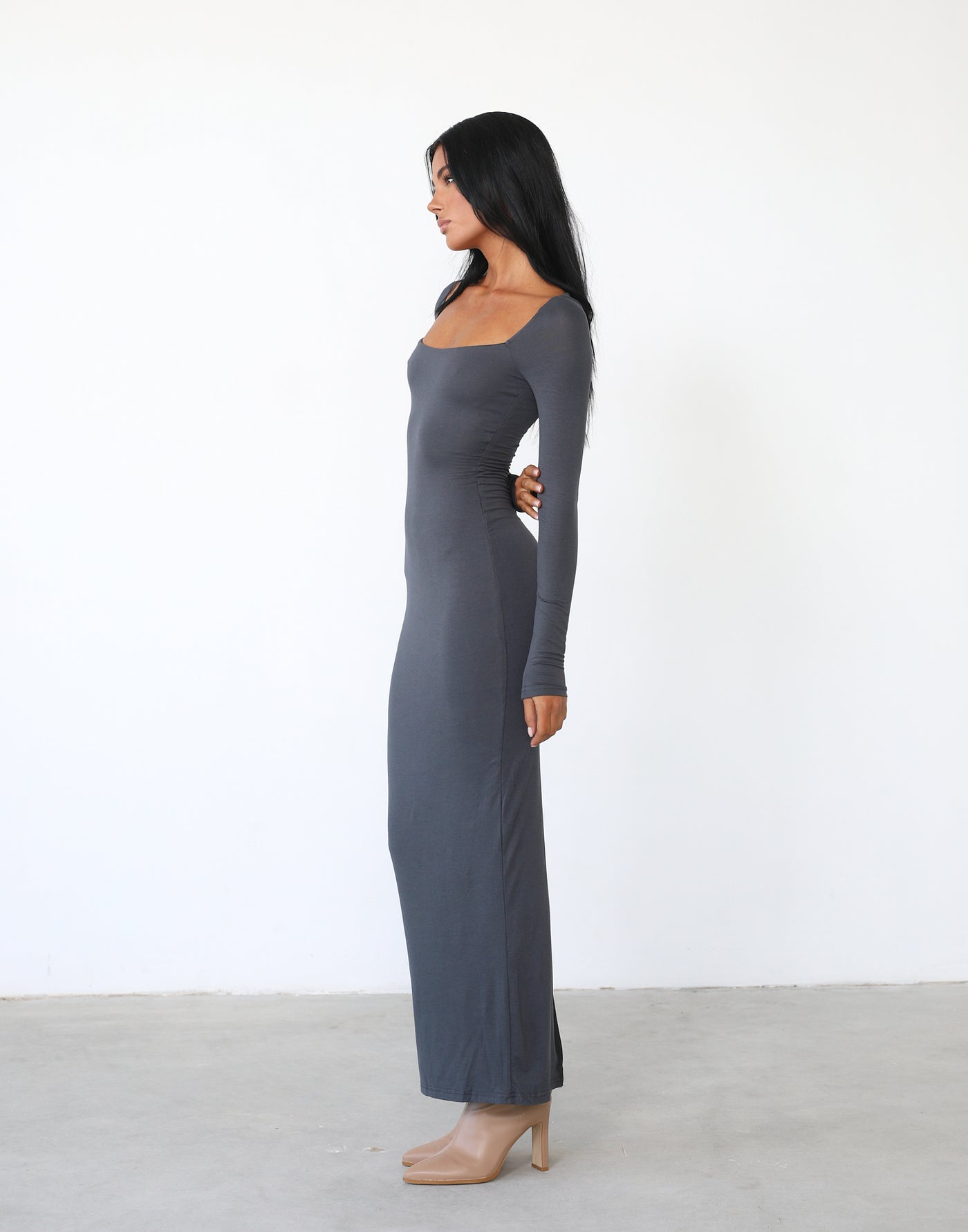 Eyes On Me Maxi Dress (Charcoal) - Long Sleeved Fitted Square Neck Maxi - Women's Dress - Charcoal Clothing