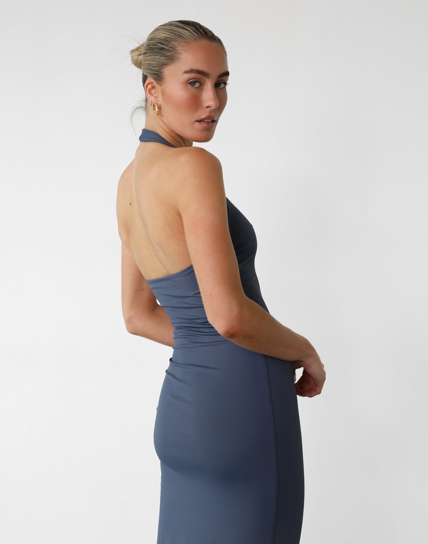 Veena Maxi Dress (Blue) - V-Neck Bodycon Gathered Side Maxi Dress - Women's Dress - Charcoal Clothing
