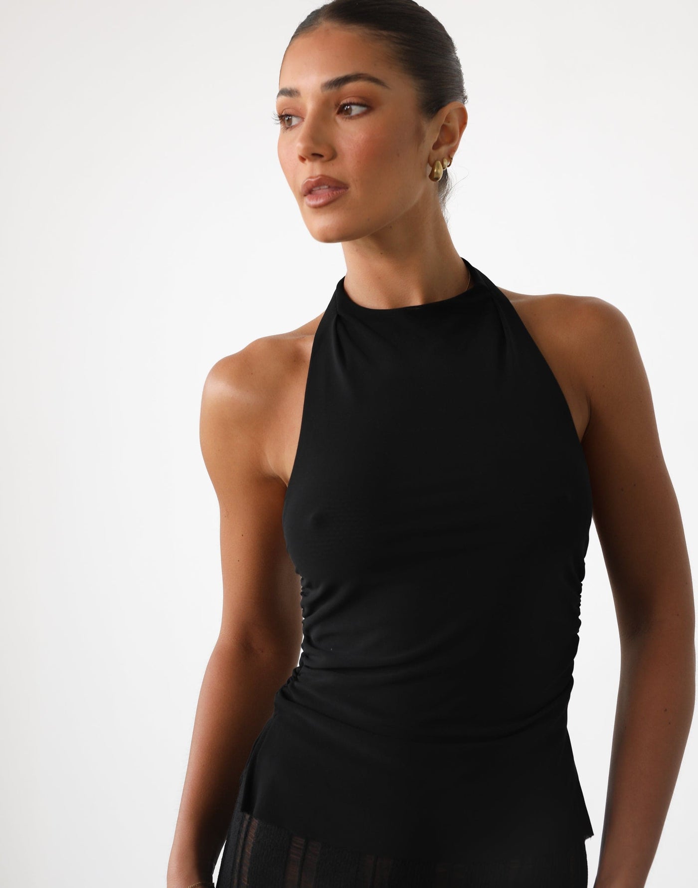 Kaytee Top (Black) | High Neck Ruched Top - Women's Top - Charcoal Clothing
