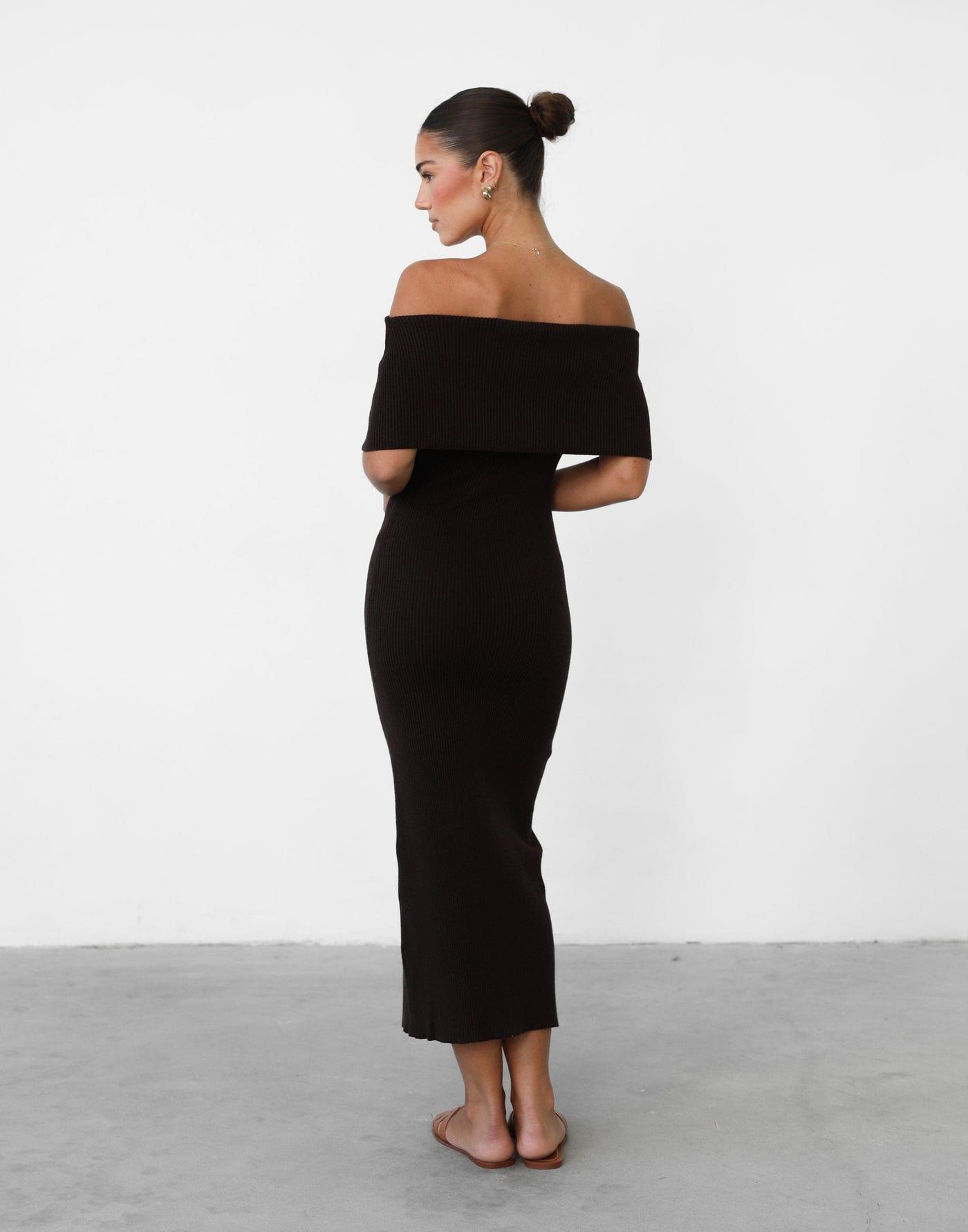 Ambiguity Maxi Dress (Chocolate) - Knit Off Shoulder Fold Over Maxi Dress - Women's Top - Charcoal Clothing