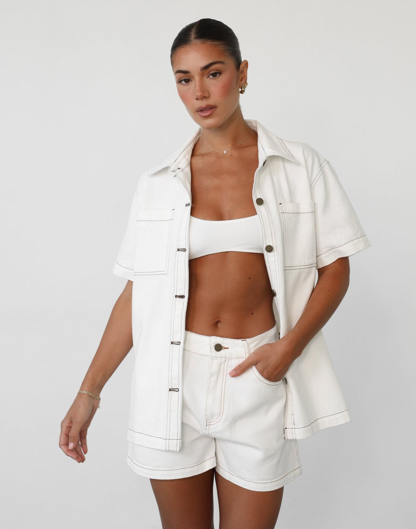 Lili Denim Shirt (White) - Button Down Short Sleeve Top - Women's Dress - Charcoal Clothing