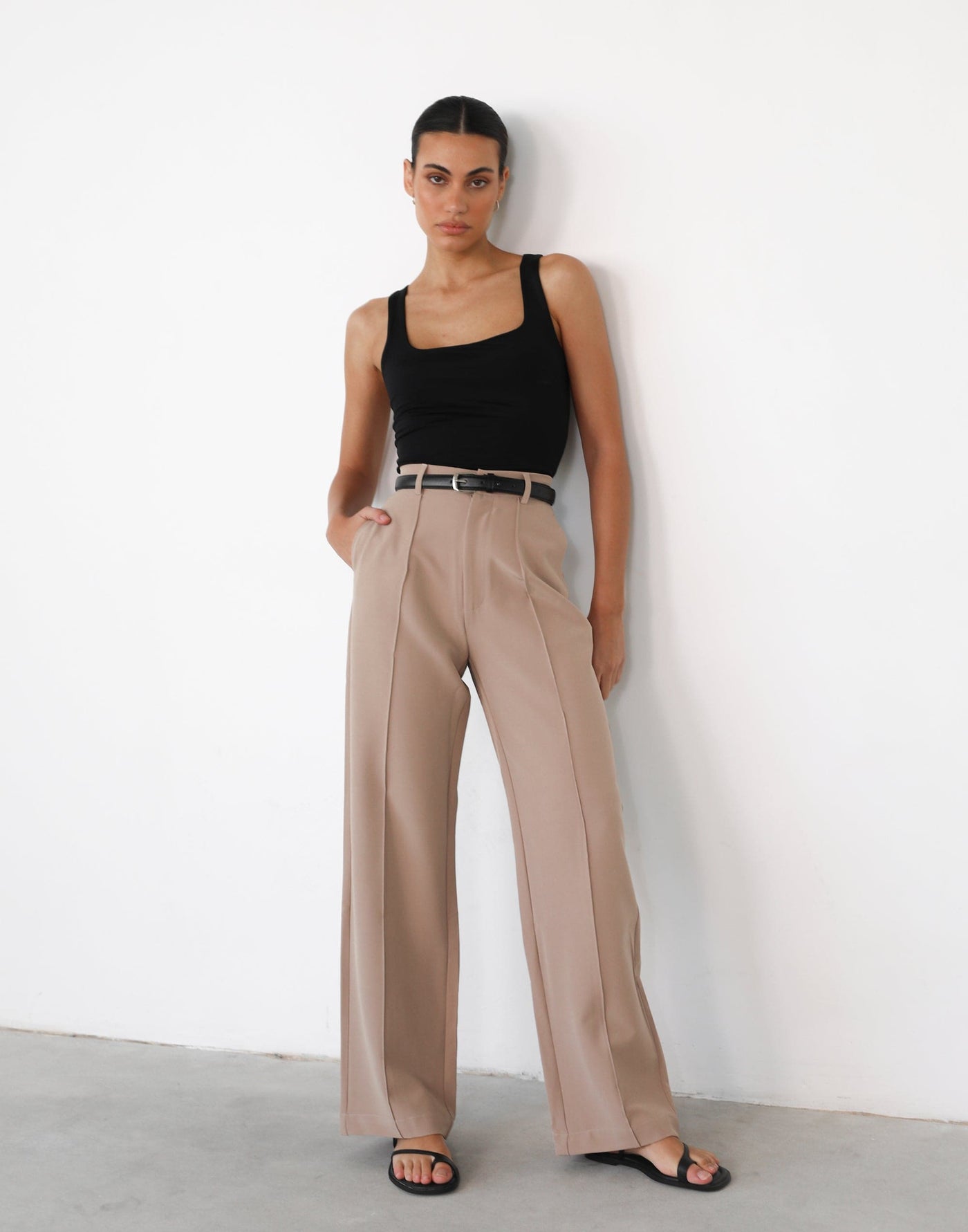 Colden Pants (Beige) - High Waisted Pleat Detail Pants - Women's Pants - Charcoal Clothing