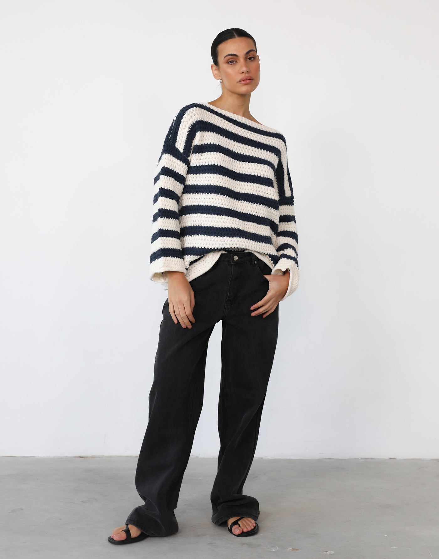 Everton Sweater (Navy/Cream) - Chunky Knit Oversized Striped Sweater - Women's Top - Charcoal Clothing