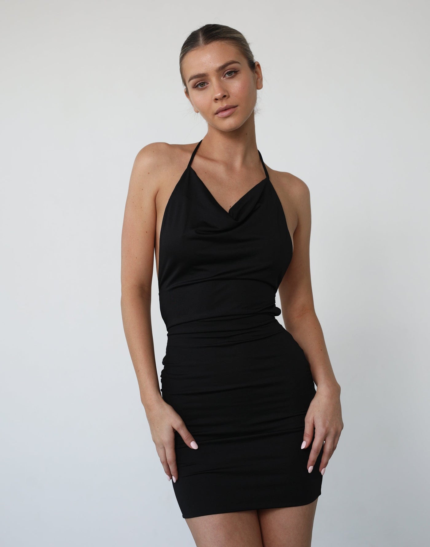 Raena Mini Dress (Black) - Open Back Cowl Neck Mini Dress Mini Dress - Women's Dress - Charcoal Clothing