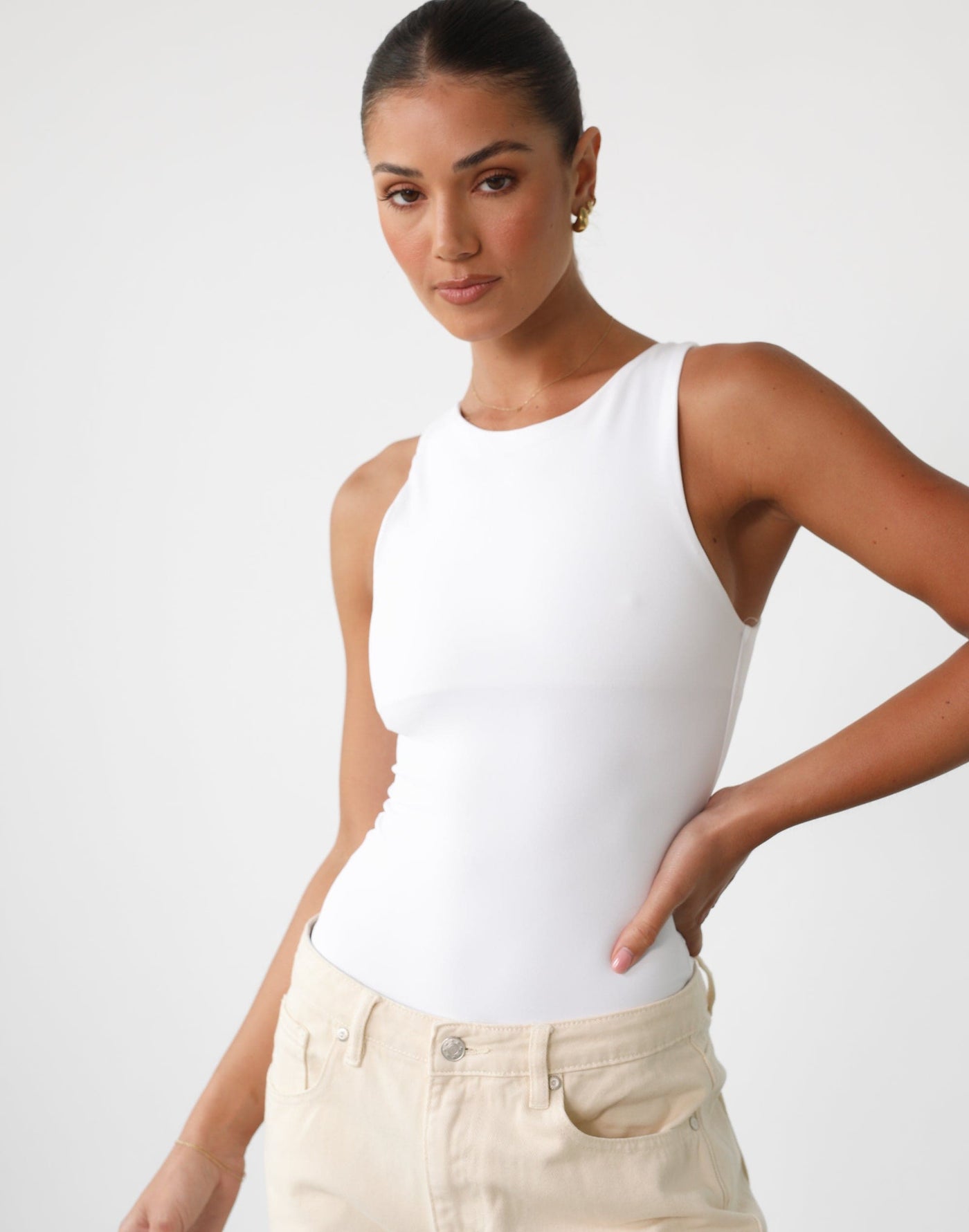 Vivid Bodysuit (White) - Round Neckline Bodysuit - Women's Top - Charcoal Clothing