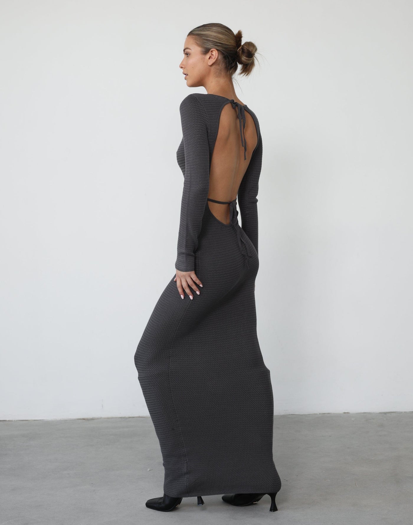 Jayda Long Sleeve Maxi Dress (Charcoal) - Knitted Grey Backless Maxi Dress - Women's Dresses - Charcoal Clothing