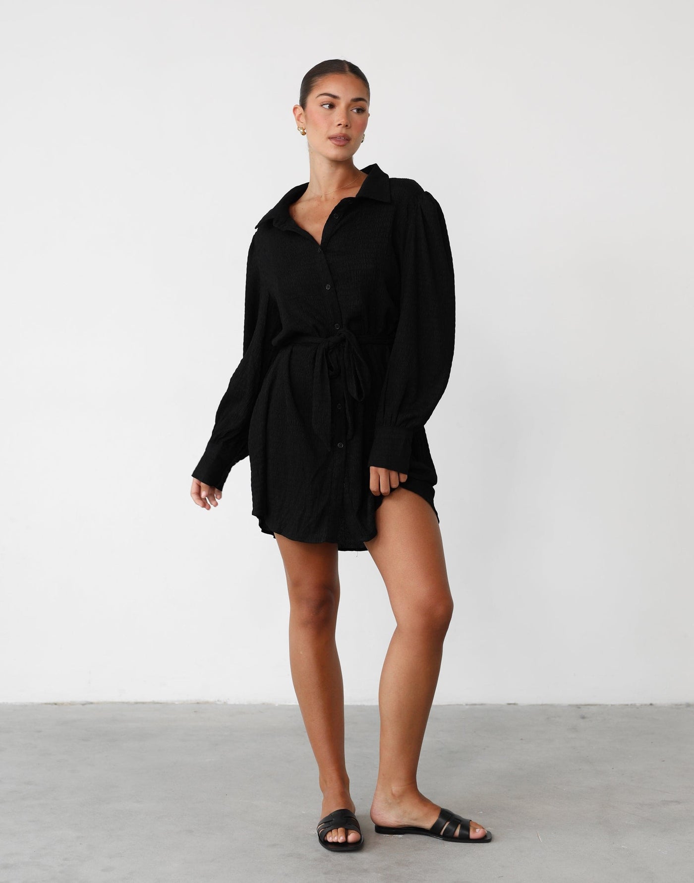 Atarah Long Sleeve Mini Dress (Black) - Button Detail Long Sleeve Dress - Women's Dress - Charcoal Clothing