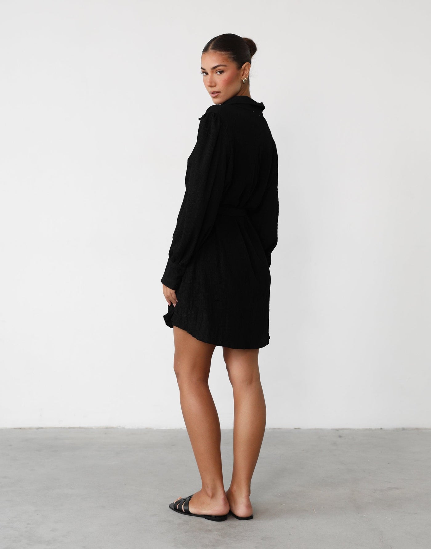 Atarah Long Sleeve Mini Dress (Black) - Button Detail Long Sleeve Dress - Women's Dress - Charcoal Clothing