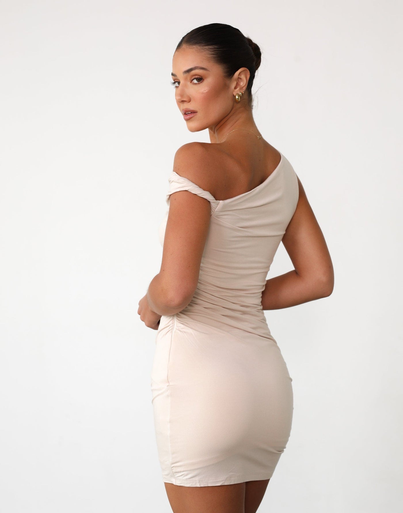 Jaq Mini Dress (Beige) | Asymmetrical Ruched Mini Dress - Women's Dress - Charcoal Clothing