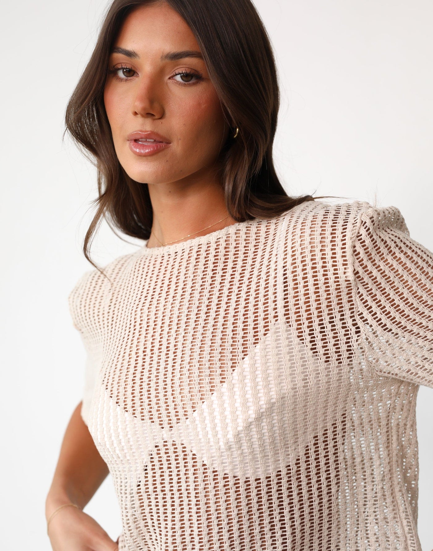 Kalli Shirt (Sand) - Sheer Crochet/Knit Oversized Shirt - Women's Top - Charcoal Clothing
