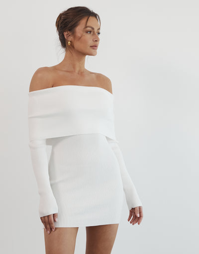 Raymer Long Sleeve Mini Dress (White) - Off The Shoulder Mini Dress - Women's Dress - Charcoal Clothing