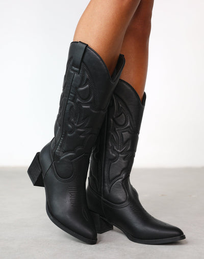 Ranger Cowboy Boot (Black) - By Therapy - Western Detailed Heeled Boot - Women's Shoes - Charcoal Clothing