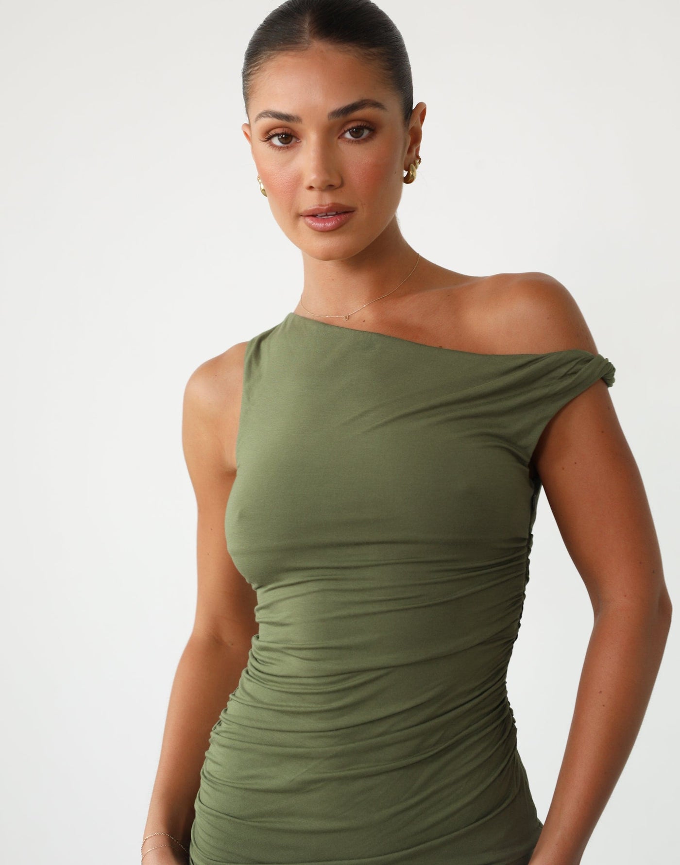 Jaq Mini Dress (Olive) | Asymmetrical Ruched Mini Dress - Women's Dress - Charcoal Clothing
