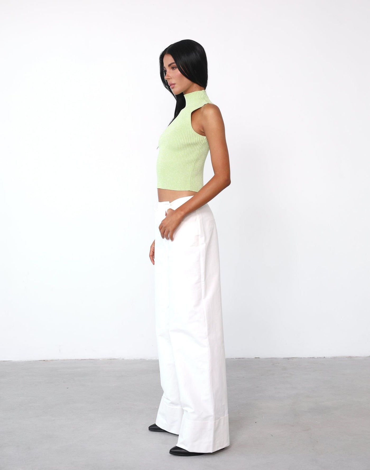 Lorelai Tank Top (Lime Green) - High Neck Ribbed Knit Top - Women's Tops - Charcoal Clothing