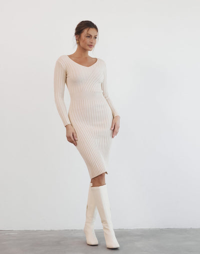 Rolanda Midi Dress (Cream) - Cream Knit Midi Dress - Women's Dress - Charcoal Clothing