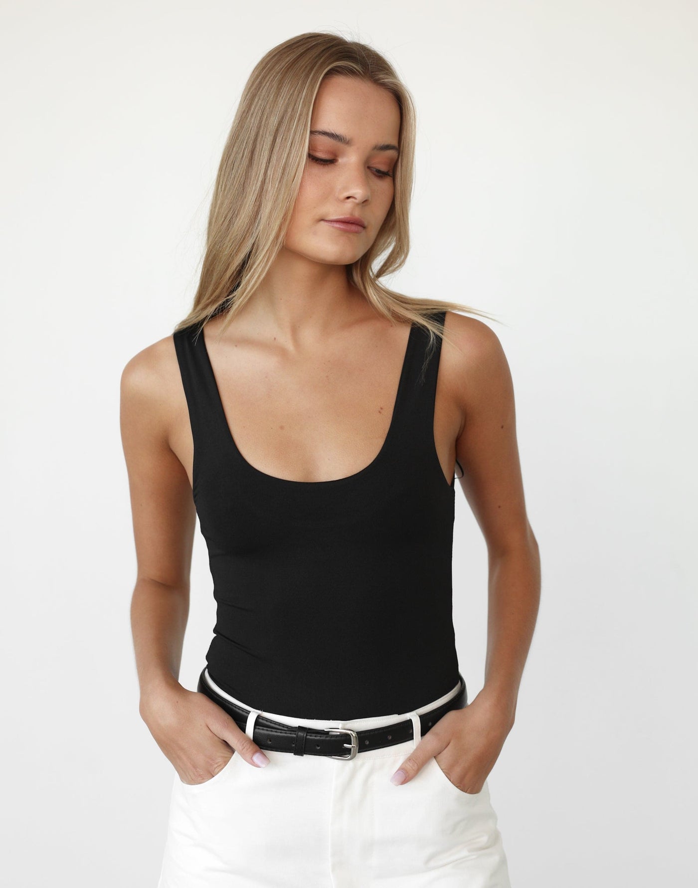 Levitate Bodysuit (Black) - Low Back Scoop Neck Sleeveless Bodysuit - Women's Top - Charcoal Clothing