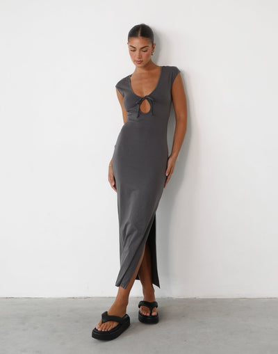 Tegan Maxi Dress (Charcoal) - Tie Front Detail Fitted Maxi Dress - Women's Dress - Charcoal Clothing