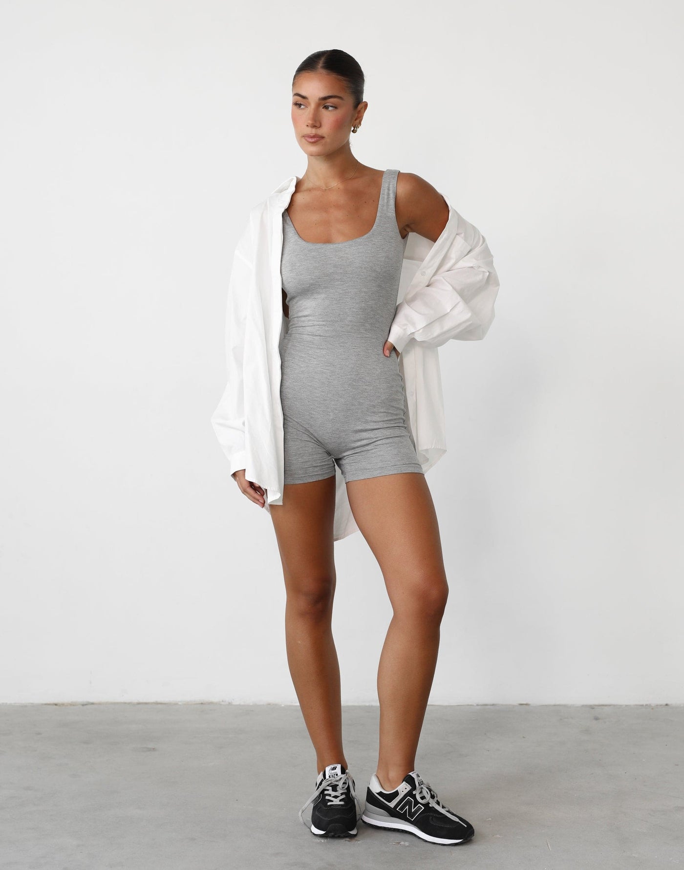 Amazia Playsuit (Grey Marle) - Scoop Neck Low Back Playsuit - Women's Playsuit - Charcoal Clothing
