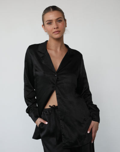 Evann Shirt (Black) - Satin Button Up Shirt - Women's Tops - Charcoal Clothing
