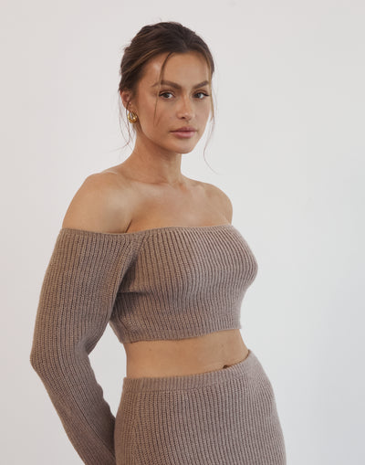 Sharna Long Sleeve Knit Top (Brown) - Long Sleeve Knit Top - Women's Outfit Sets - Charcoal Clothing