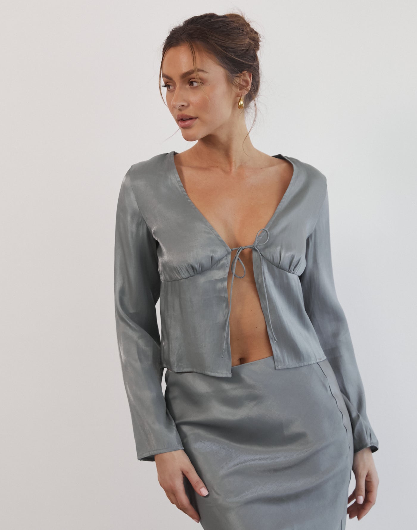 Hannelle Long Sleeve Top (Grey) - Long Sleeve Satin top - Women's Top - Charcoal Clothing