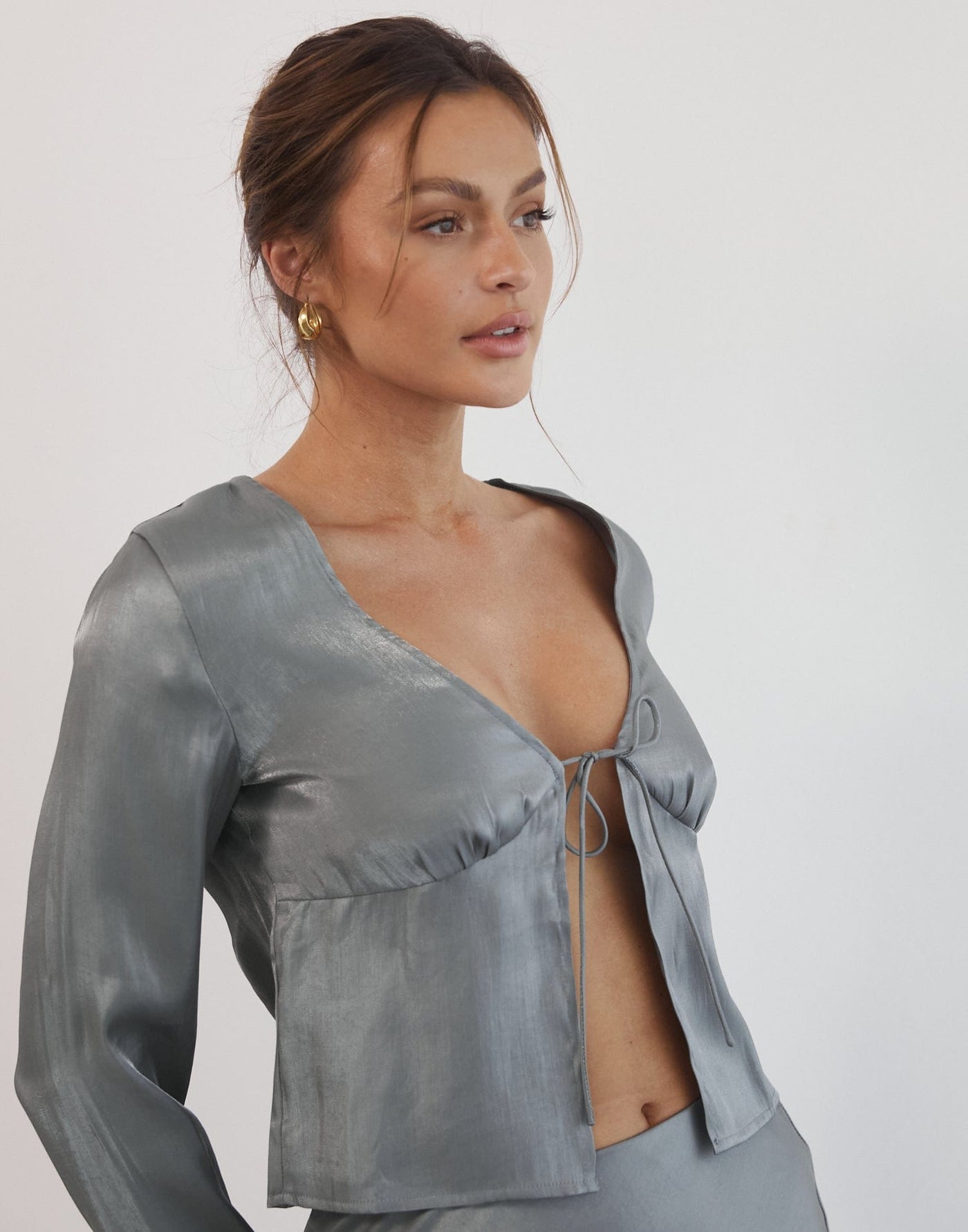 Hannelle Long Sleeve Top (Grey) - Long Sleeve Satin top - Women's Top - Charcoal Clothing