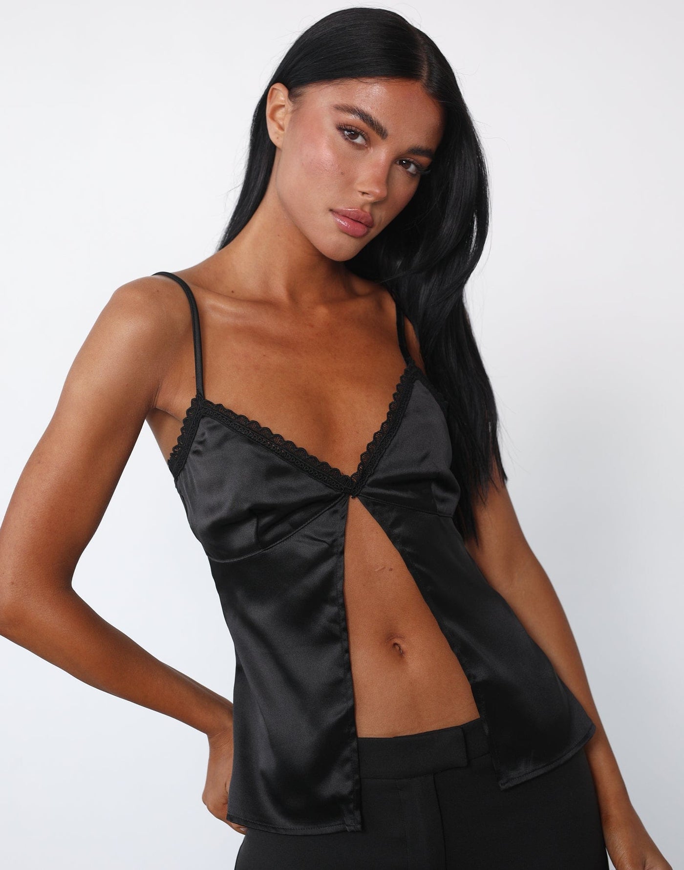Maesi Cami Top (Black) - Open Front Lace Detail Satin-like Top - Women's Tops - Charcoal Clothing