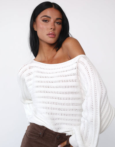 Sonia Long Sleeve Knit Top (White) - Boatneck Long Sleeve Loose Knit Top - Women's Tops - Charcoal Clothing