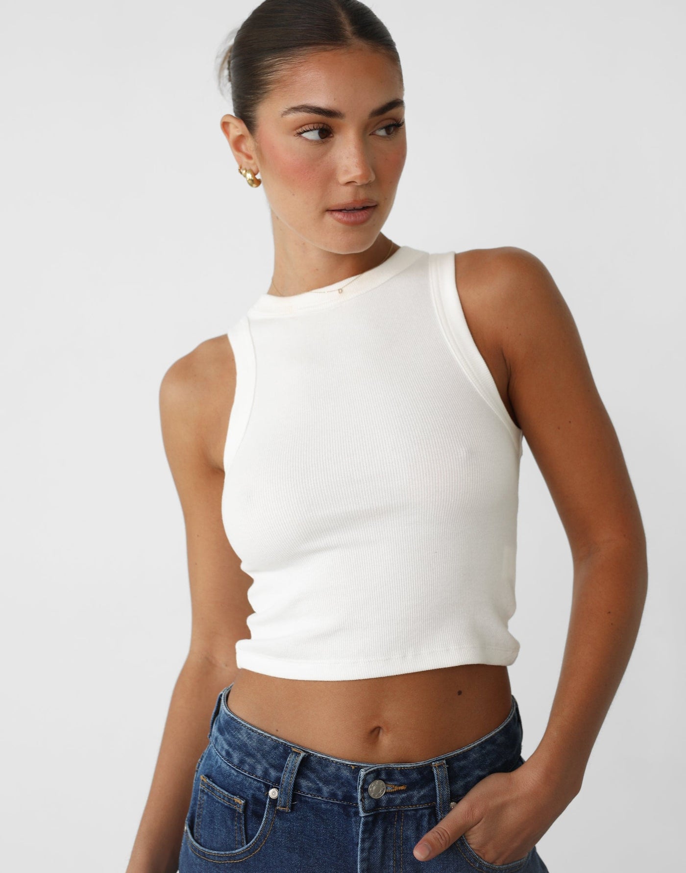 Lia Tank Top (White) - Basic Ribbed High Neck Top - Women's Top - Charcoal Clothing