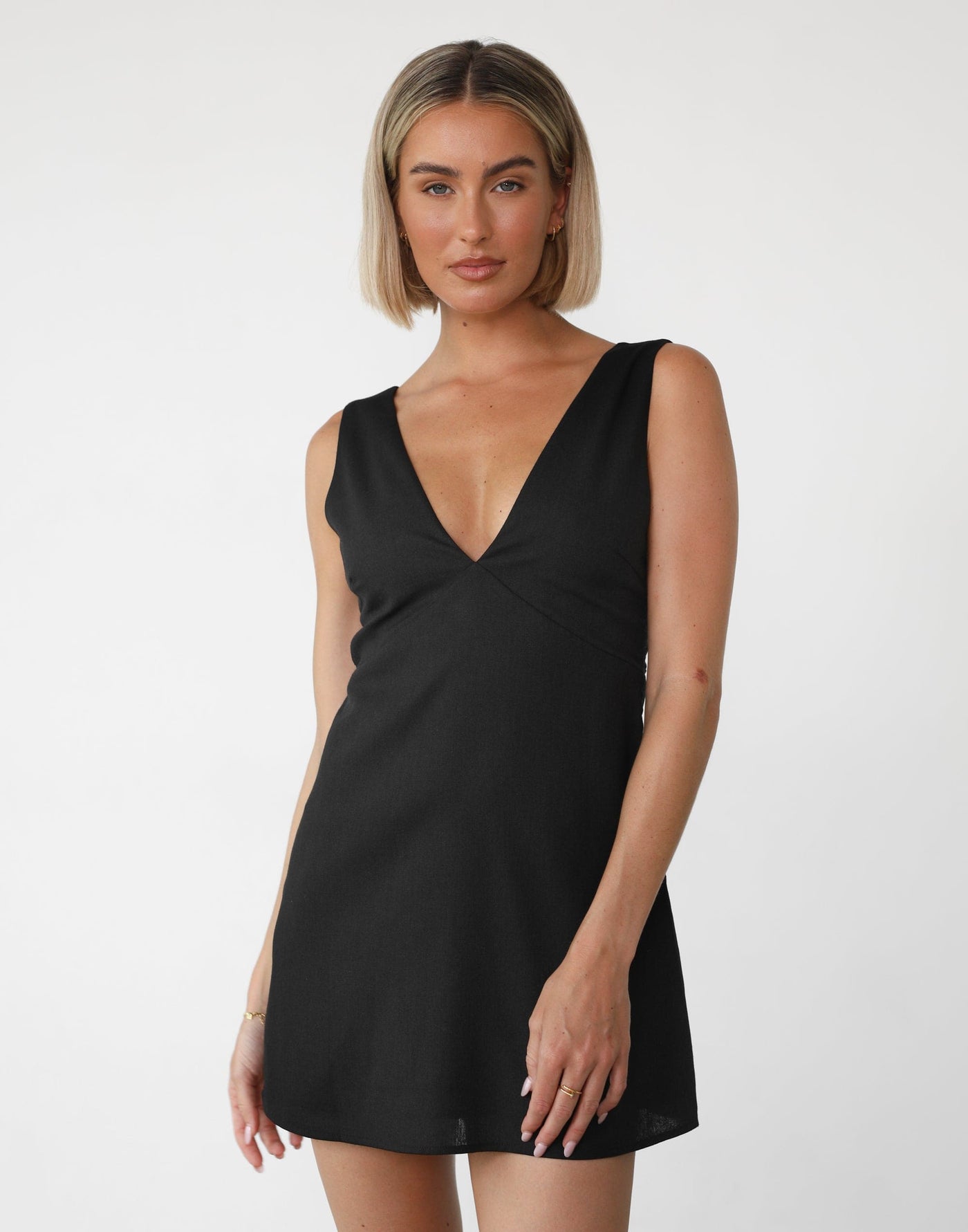 Elio Mini Dress (Black) | Charcoal Clothing Exclusive - Linen V Neck Mini Dress - Women's Dress - Charcoal Clothing