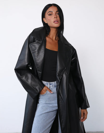 Wilana Trench Coat (Black PU) - Faux Leather Long Trench Coat With Belt - Women's Outerwear - Charcoal Clothing