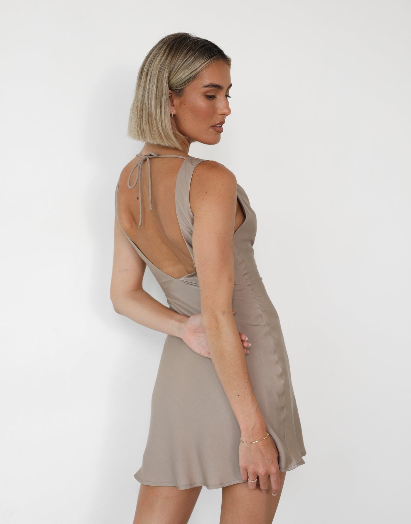 Imogen Mini Dress (Mushroom) | Charcoal Clothing Exclusive - Satin Cowl Neck Mini - Women's Dress - Charcoal Clothing