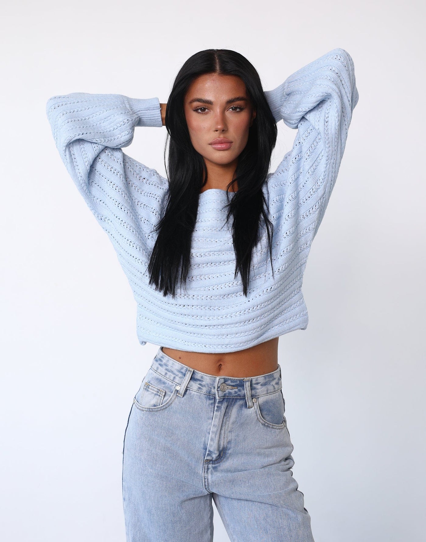 Sonia Long Sleeve Knit Top (Light Blue) - Boatneck Long Sleeve Loose Knit Top - Women's Top - Charcoal Clothing