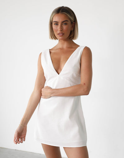 Elio Mini Dress (White) | Charcoal Clothing Exclusive - Linen V Neck Mini Dress - Women's Dress - Charcoal Clothing