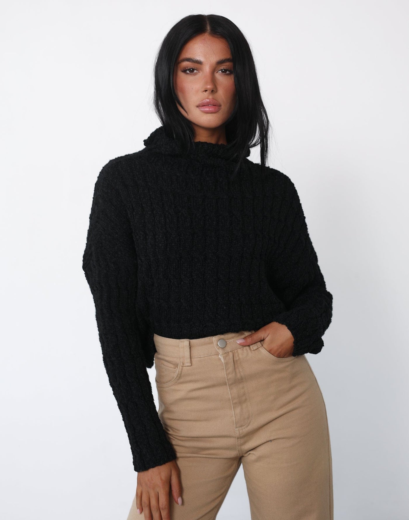 Hayes Knit Jumper (Black) - High Neck Cropped Jumper - Women's Tops - Charcoal Clothing