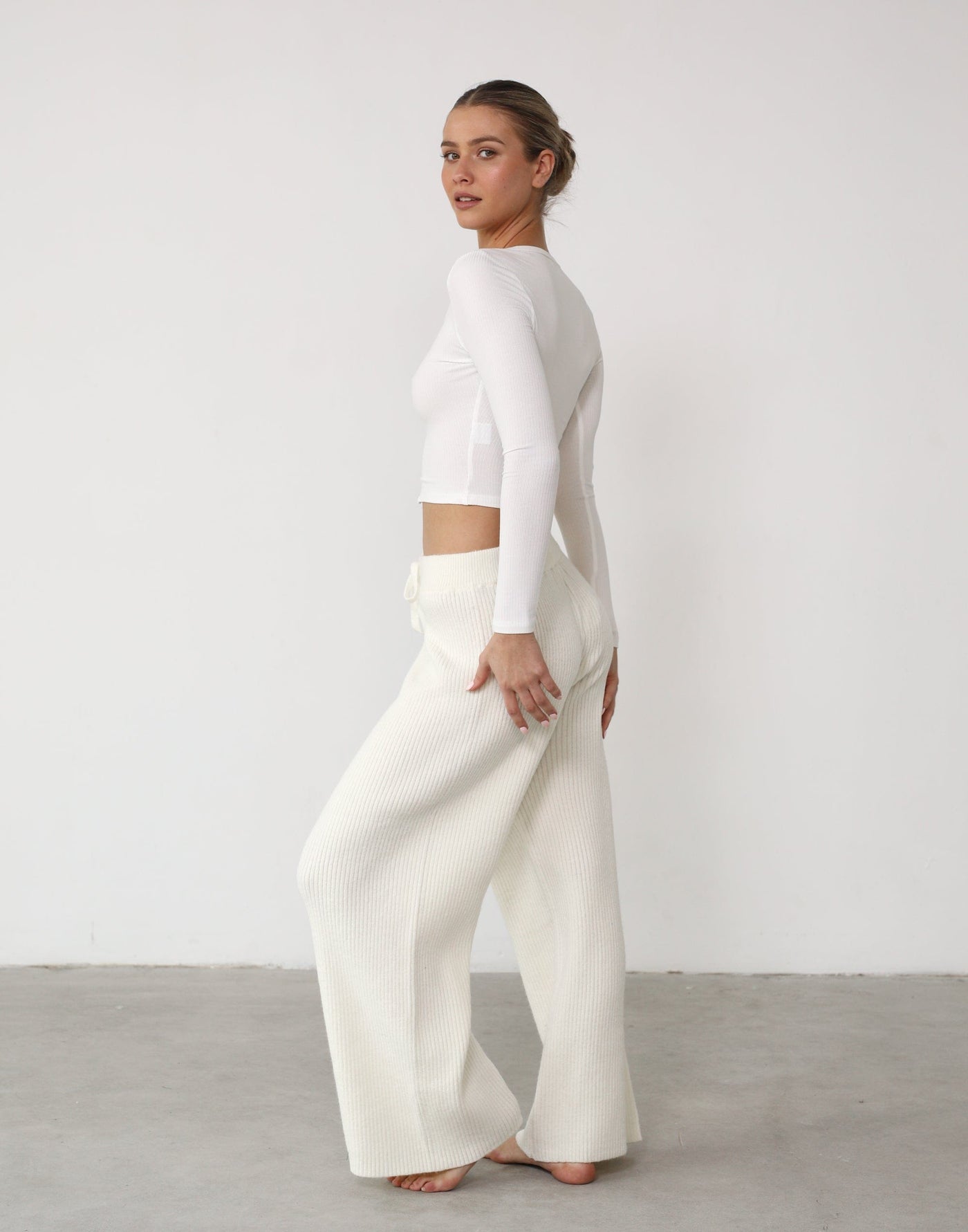 Tavinia Knit Pants (White) - Ribbed High Waisted Wide Leg Knit Pant - Women's Pants - Charcoal Clothing