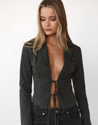 CK Tie Top (Ash) - By Lioness - Long Sleeve Tie Front Collared Top - Women's Top - Charcoal Clothing