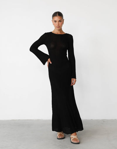 Harmonia Maxi Dress (Black) - Sheer Ribbed Flared Sleeve Maxi Dress - Women's Dress - Charcoal Clothing