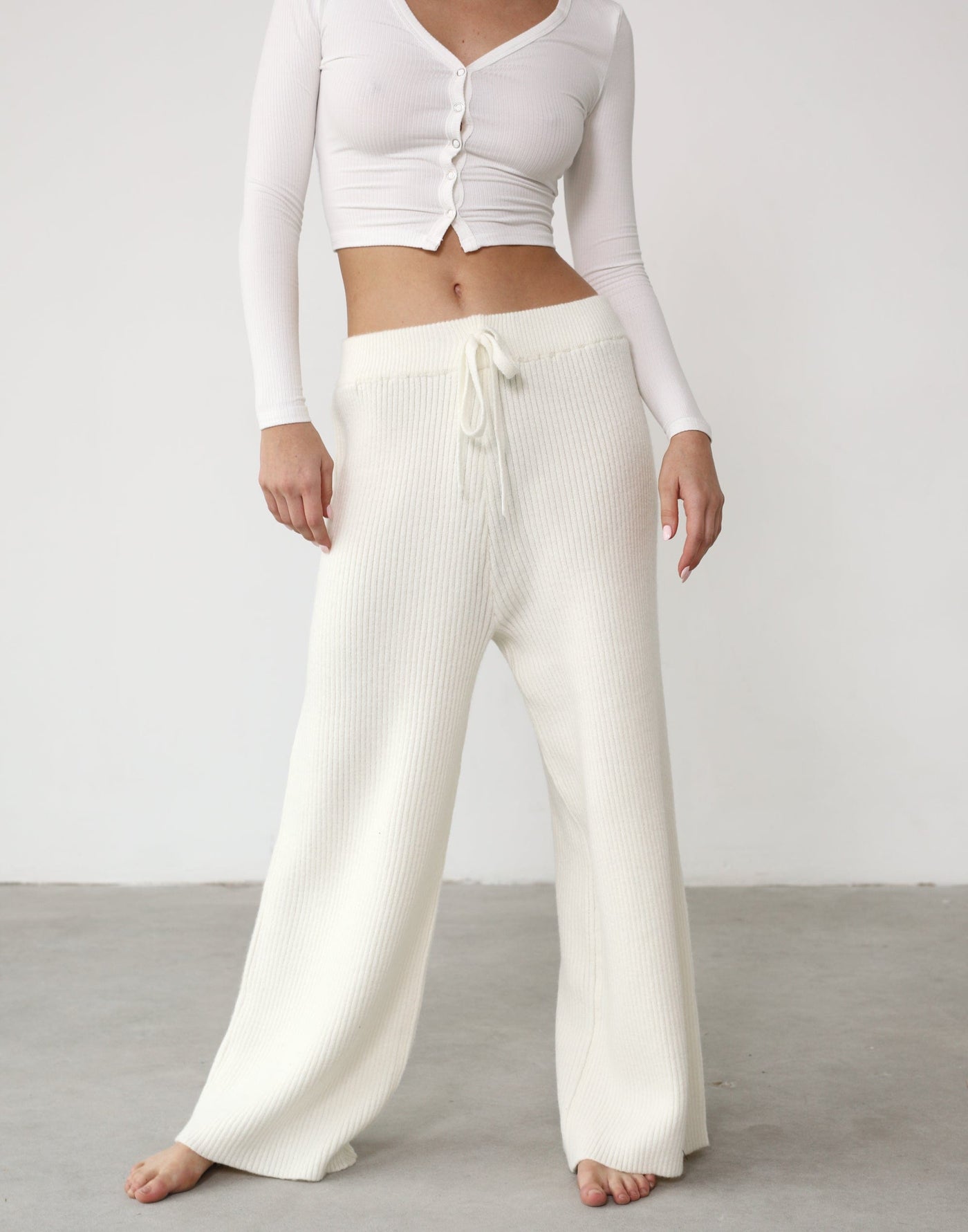 Tavinia Knit Pants (White) - Ribbed High Waisted Wide Leg Knit Pant - Women's Pants - Charcoal Clothing