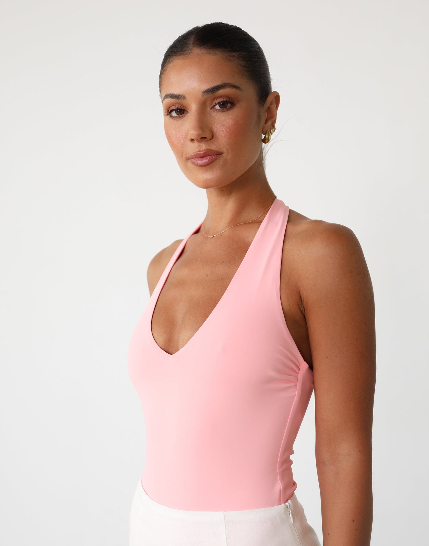 Amira Bodysuit (Soft Pink) - Pink Halter Neck Bodysuit - Women's Top - Charcoal Clothing