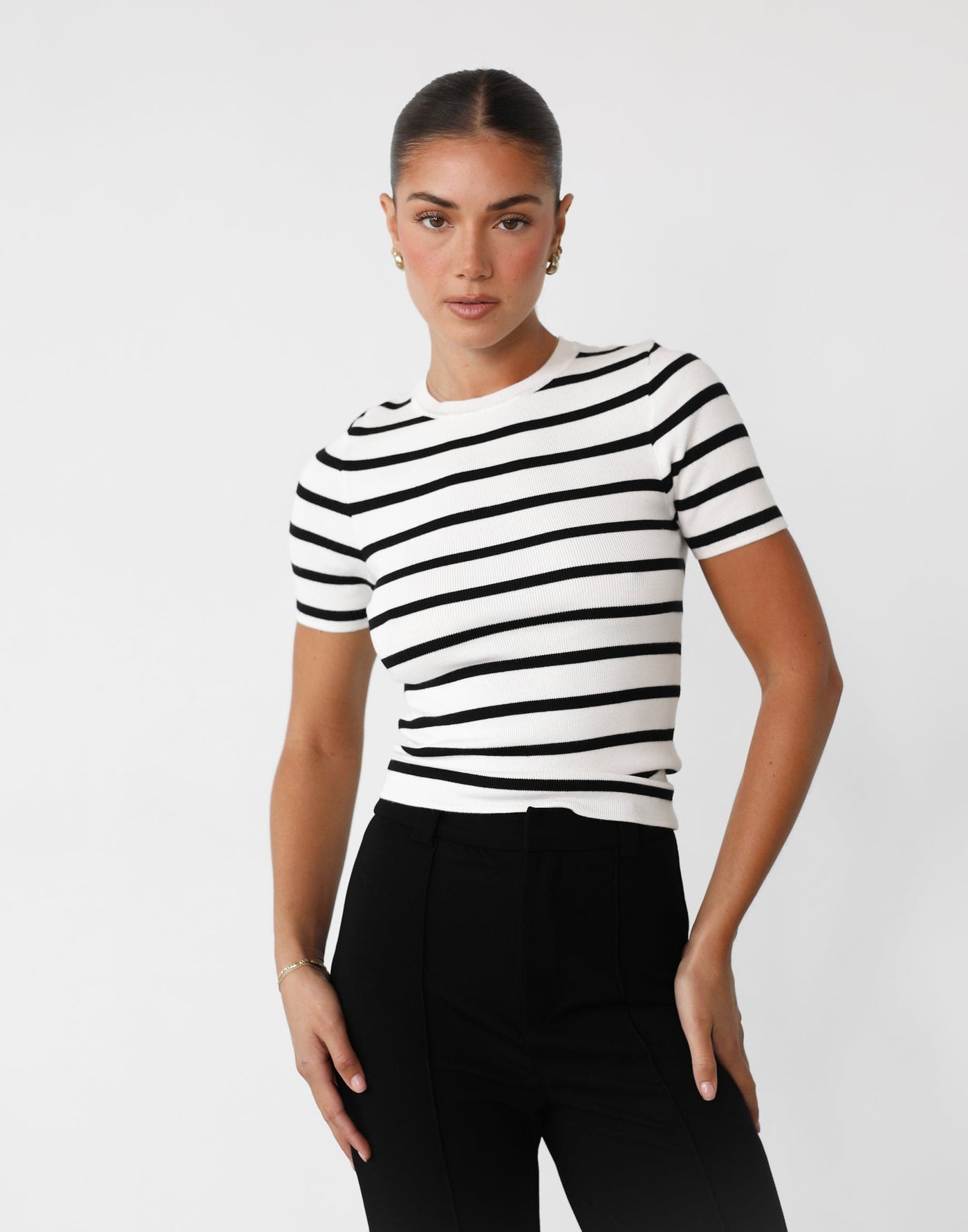 Alivina Top (Black/White) - Striped Knit Rounded Neckline Top - Women's Top - Charcoal Clothing