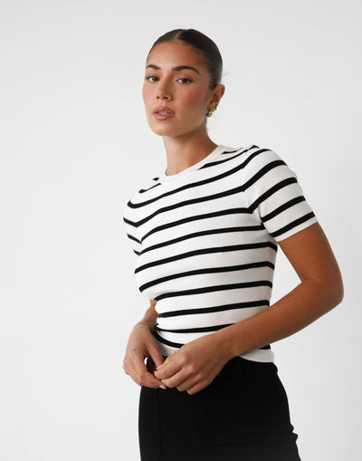 Alivina Top (Black/White) - Striped Knit Rounded Neckline Top - Women's Top - Charcoal Clothing