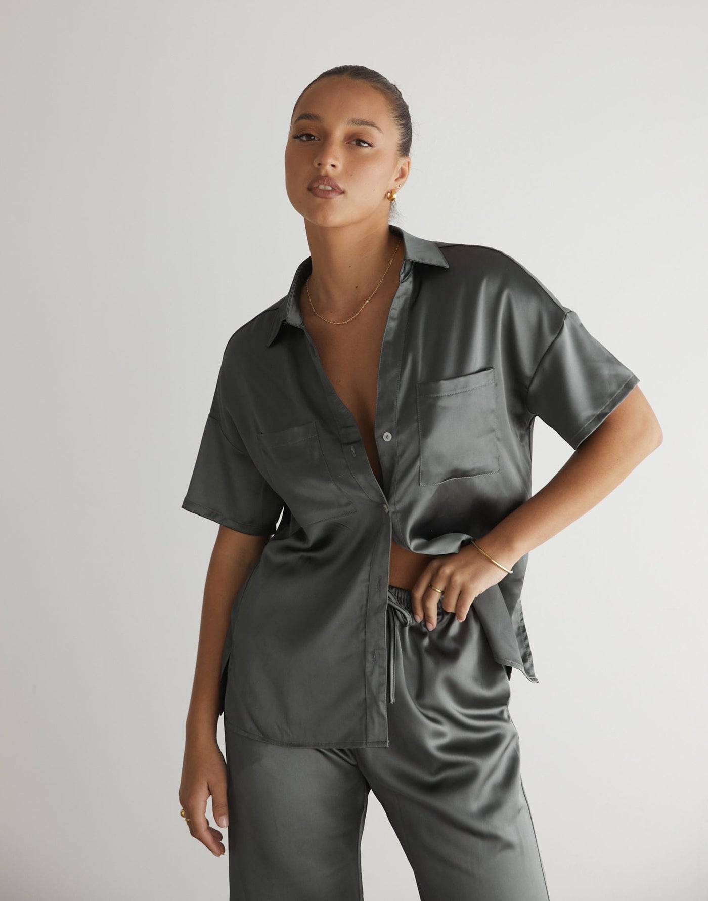 Martha Shirt (Slate) - Satin Button-Up Shirt - Women's Pants - Charcoal Clothing