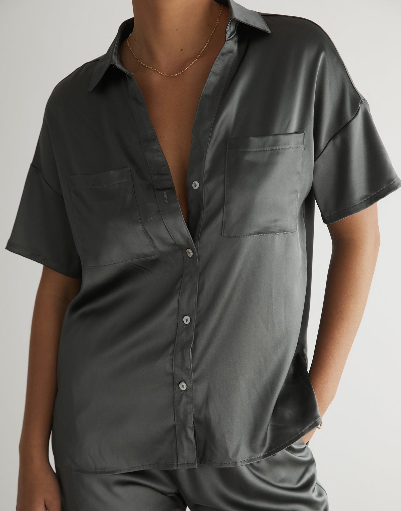 Martha Shirt (Slate) - Satin Button-Up Shirt - Women's Pants - Charcoal Clothing