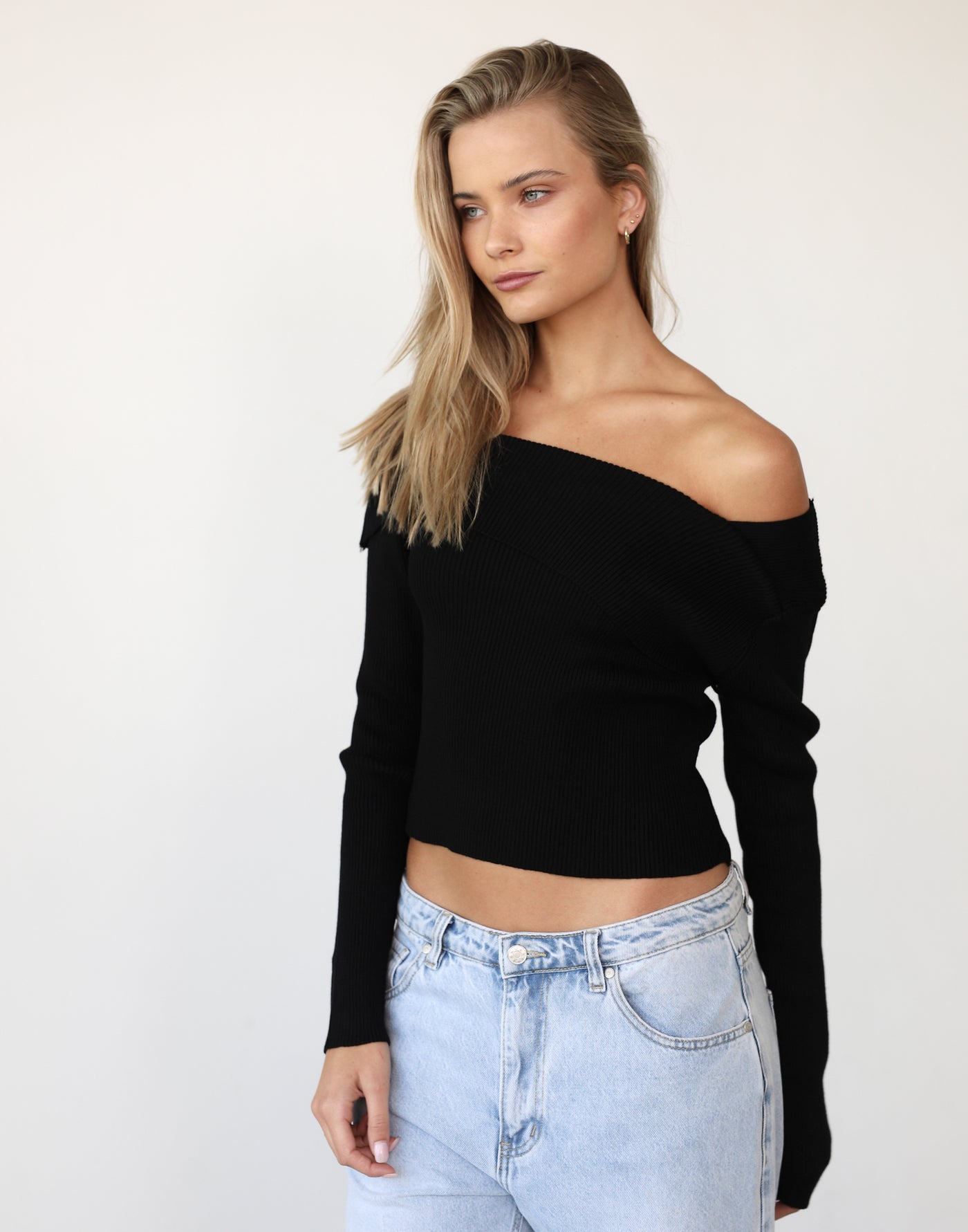 Aries Long Sleeve Knit Top (Black) - One Shoulder Long Sleeve Knit - Women's Top - Charcoal Clothing