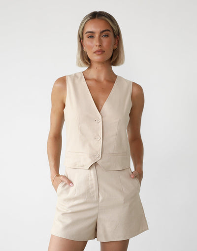 Rania Linen Vest (Almond) | Charcoal Clothing Exclusive - Relaxed V Neck Vest - Women's Top - Charcoal Clothing